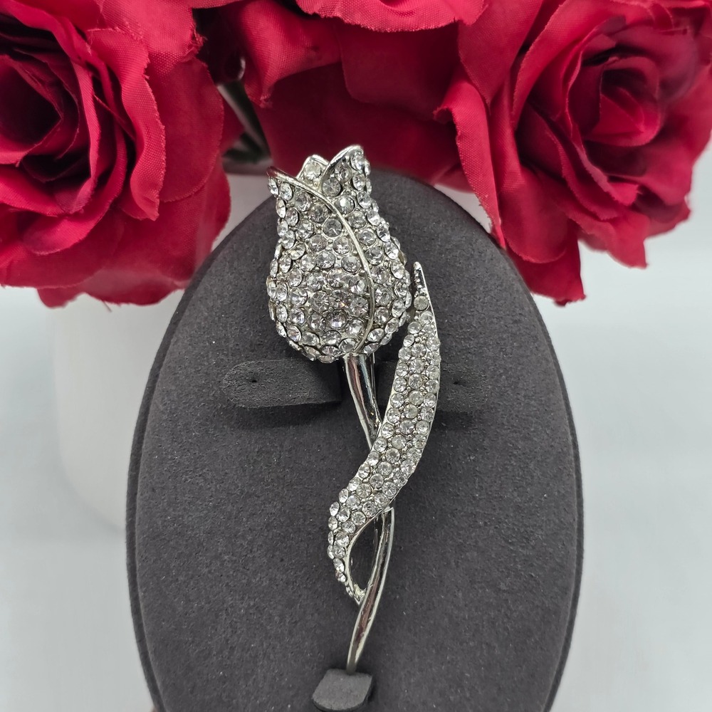 Silver Tone Clear Rhinestone Tulip Flower Brooch Floral Lapel Pin Old Money Glam